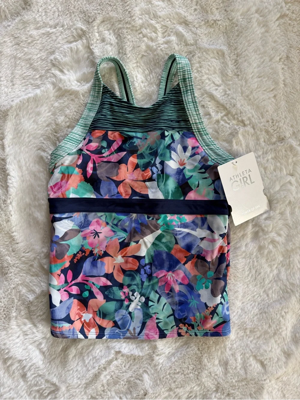 NWT Athleta Girl Surfs Up Floral High-Neck Tankini - Teal Multicolor